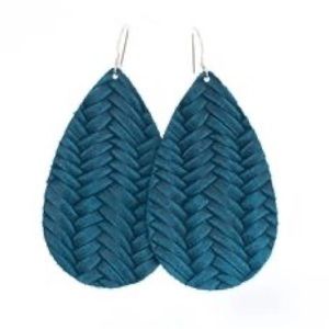 BRAND NEW Nickel and Suede Teardrop Leather Earrings Glacier Knit Blue, Size M